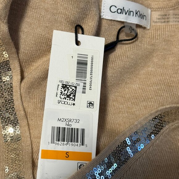 Calvin Klein NWT Women's Tan V-Neck Polo Sweater Sequin Trim Collared | Size S - Picture 9 of 11